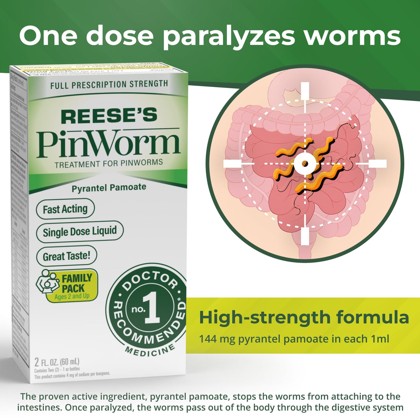 REESE'S PINWORM Medicine Liquid for Entire Family, Full Prescription Strength, 2 Oz, Pack of 2, #1 Doctor Recommended Single Dose Pyrantel Pamoate Dewormer for Adults & Kids Ages 2+, Banana Flavor
