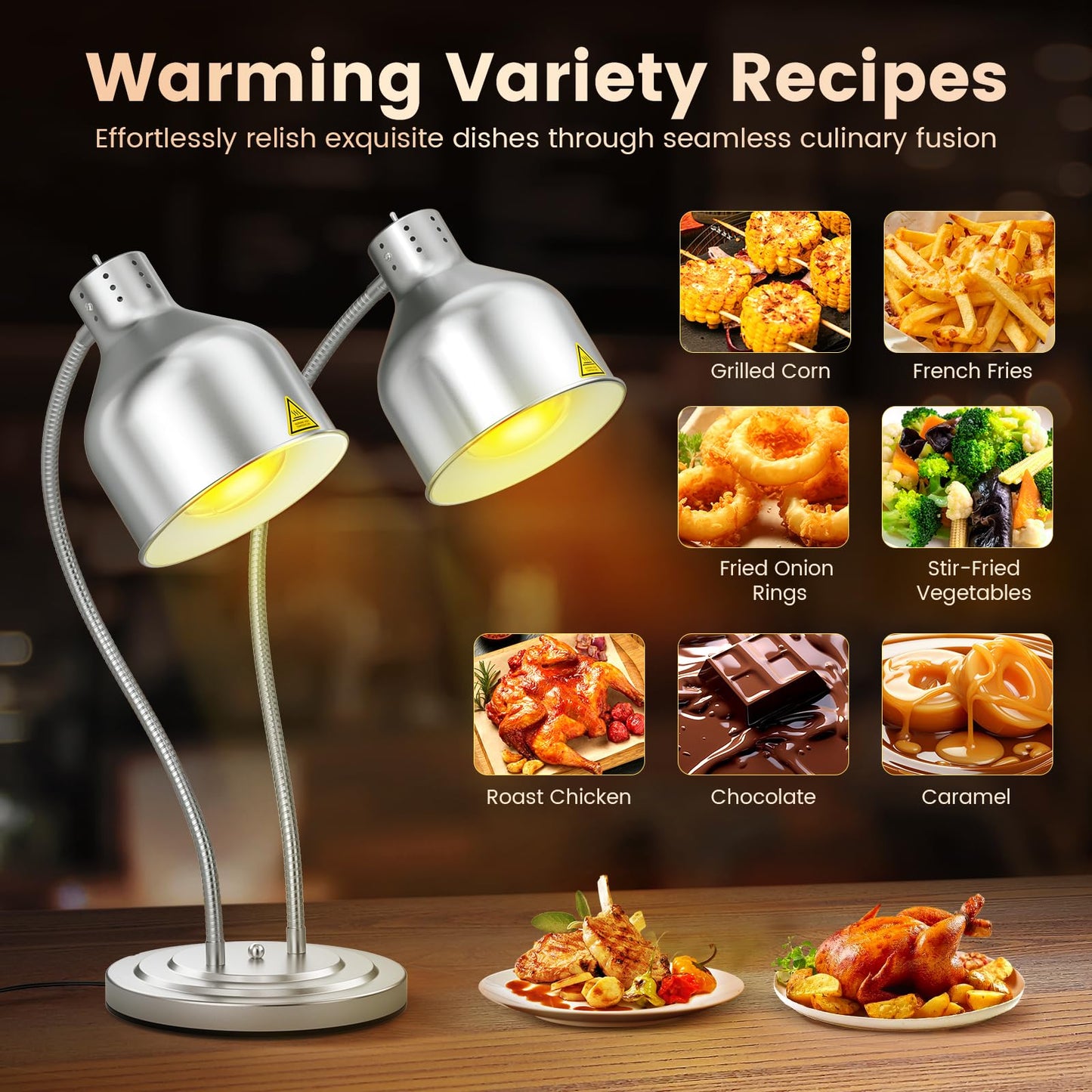 BOEASTER Food Heat Lamp, 500W Dual-Head Stainless Steel Commercial Food Warmer Lamp with 540° Rotation & 3Pcs Bulbs, Portable Warming Light for Restaurant Kitchen Buffet Counter Party Catering