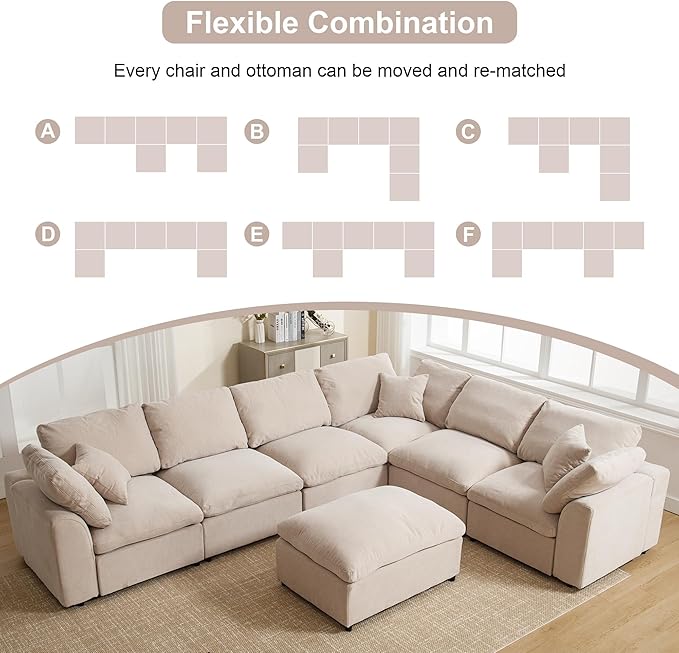KIVENJAJA 130.3" W Oversized Cloud Couches for Living Room, 7 Seater Convertible Modular Sectional Sofa with Ottoman, Large U Shaped Corner Couch Furniture Set, Chenille Fabric, Modern, Beige