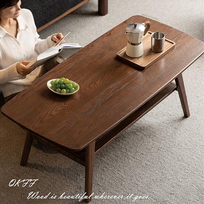 QKFF Modern Solid Wood Coffee Table, 2-Tier Small Wooden Coffee Table with Storage Shelf for Living Room, Apartment, Office, Walnut (48''D x 22''W x 18''H)