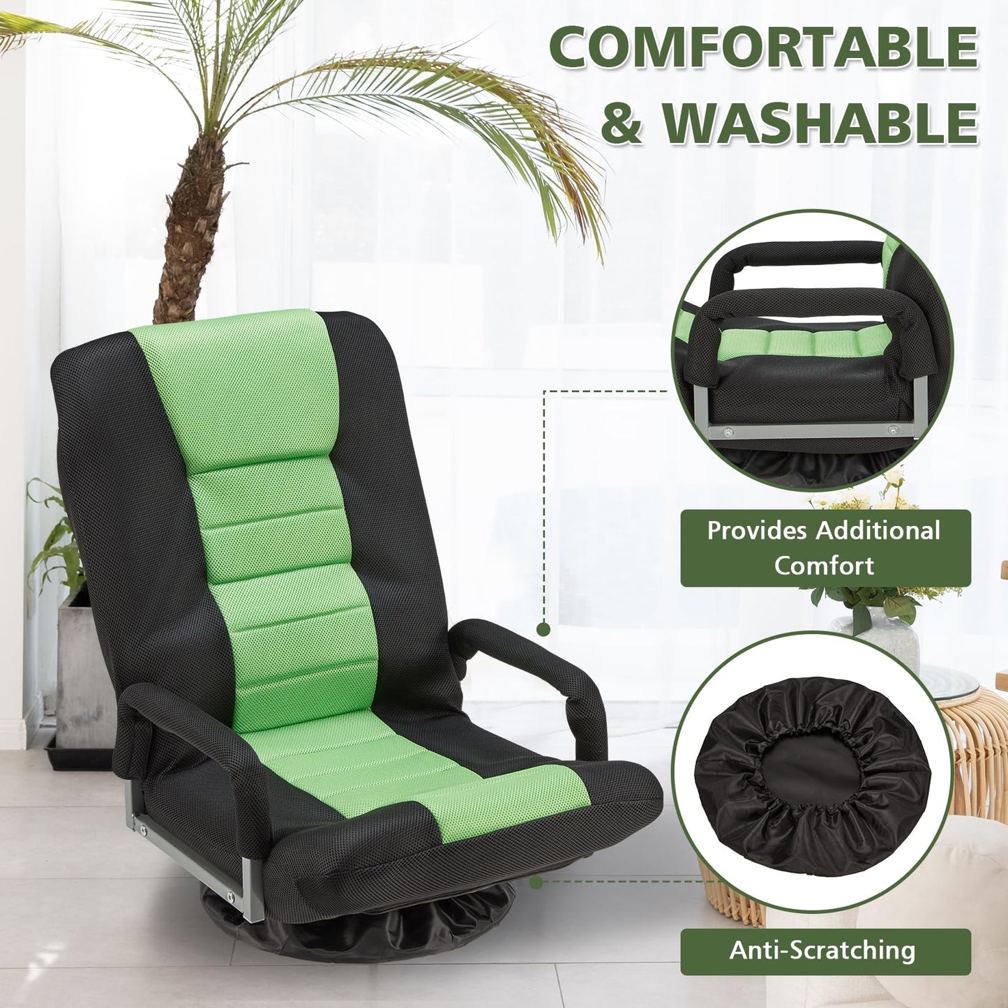 Swivel Gaming Chair Multipurpose Floor Gaming Chair for Gaming, TV, Reading w/6 Adjustable Postion Backrest, Armrest Lumbar Support & for Adults, Green