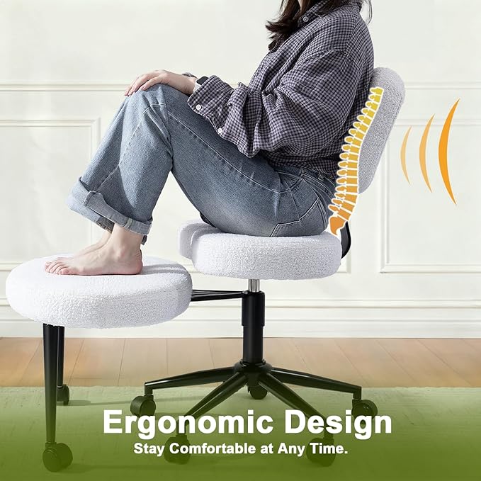 VITESSE Cross-Legged Ergonomic Chair 360° Swivel with Wheels, Adjustable Meditation Seat for ADHD, Lumbar Support, Teddy Fabric Home Office Chair,Off White