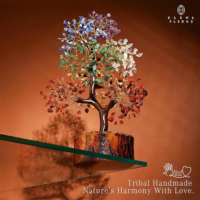 KARMAPLEDGE Crystal Tree 7 Chakra Healing Crystals for Home, Office Desk & Living Room Decor, Handmade Bonsai Trees for Positive Energy, Money, Good Luck Birthday Gifts for Women, Mom (500 Beads)
