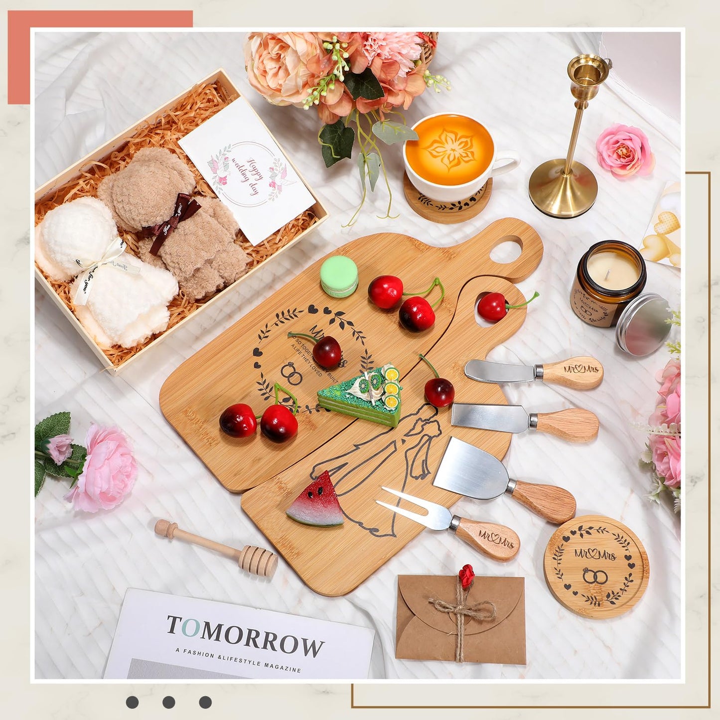Ziliny Wedding Gifts for Couples 2025 Cutting Board Set 15 Pcs Mr and Mrs Bridal Shower Wedding Gifts Include Cutting Board Coaster Scented Candle Cheese Tableware for Engagement