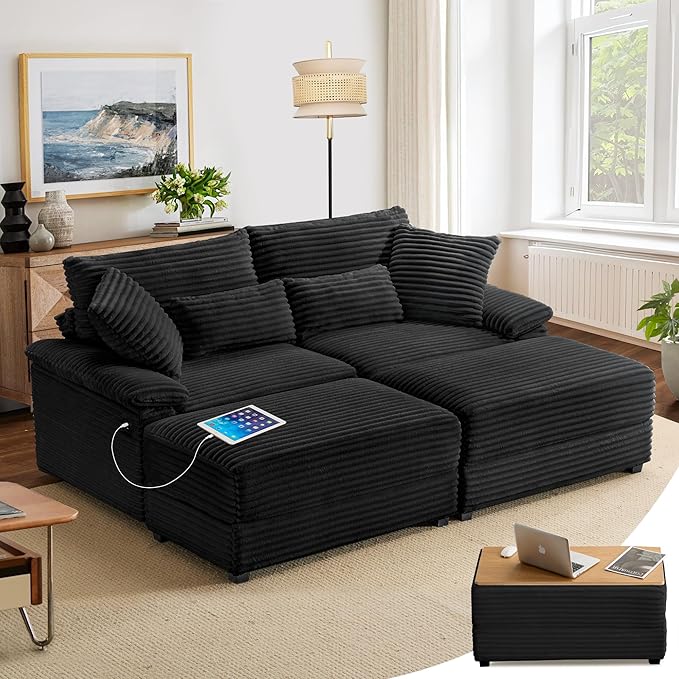 SUNWAVE 74" W Double Chaise Lounge Chair Indoor, Oversized Loveseat with Storage Ottoman, Corduroy Couch with USB Charging, Removable Ottoman, and Coffee Table Cushions for Living Room Bedroom