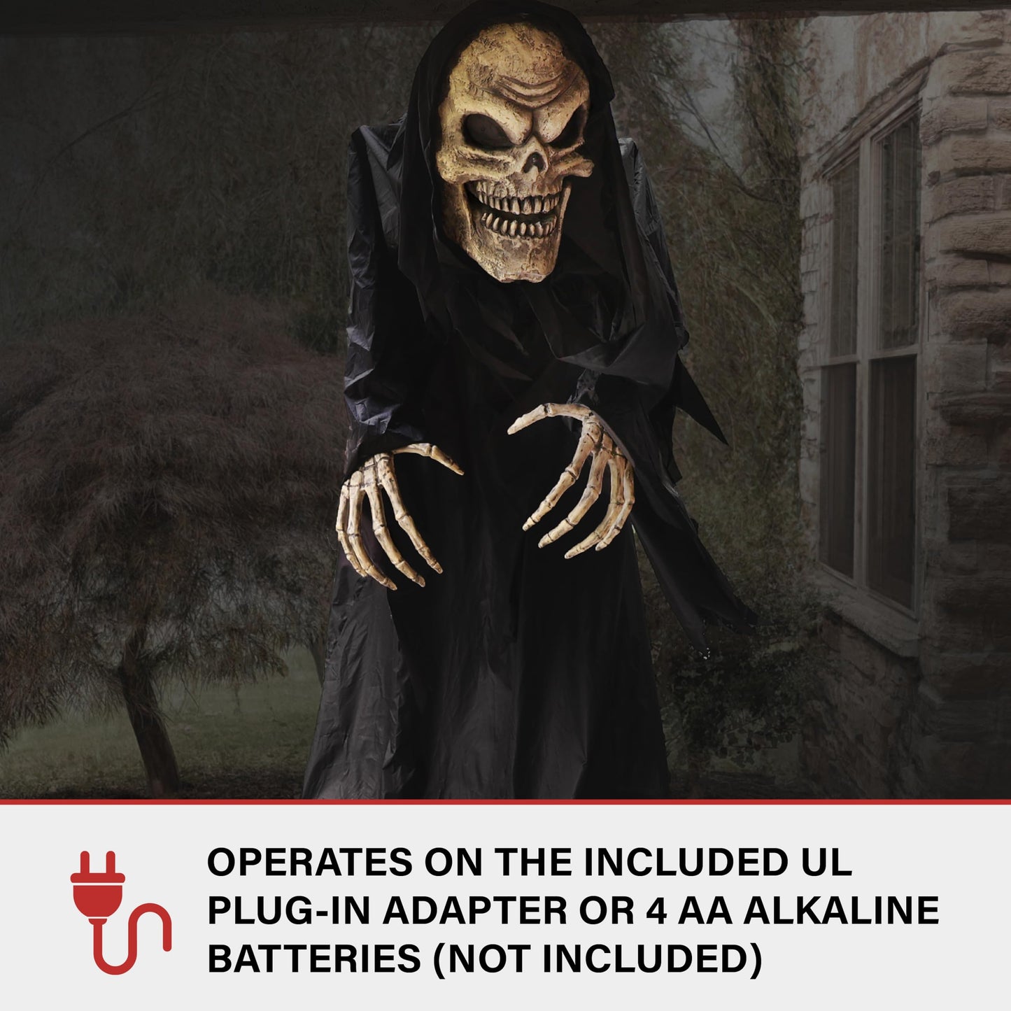 Haunted Hill Farm Motion-Activated Hunched Skeleton Reaper by Tekky, Talking Halloween Animatronic for Indoor or Covered Outdoor Creepy Halloween Decorations, Plug-in or Battery Operated Fright Props