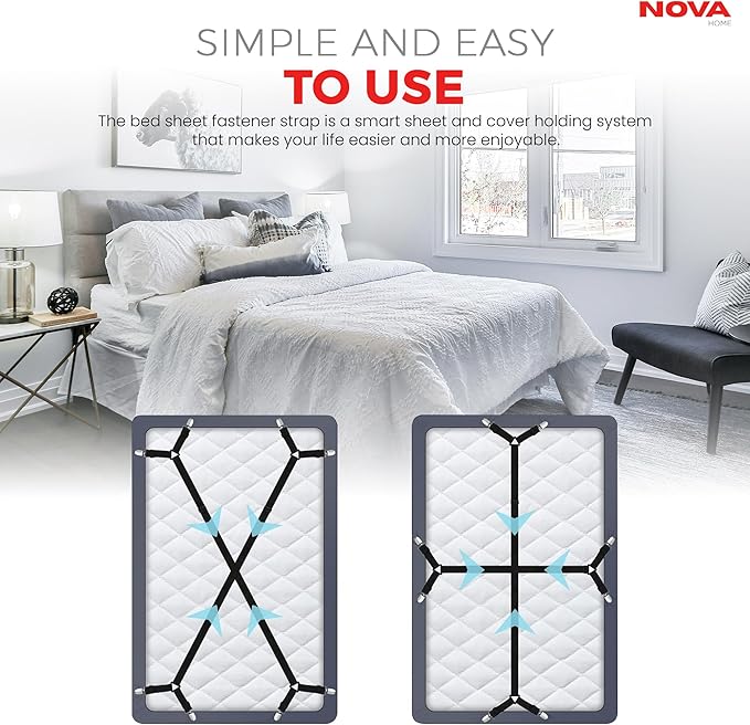 Bed Sheet Holder Straps – Adjustable Elastic Sheet Clips with Nickel Clamps & Fabric Protectors, Crisscross Design Keeps Sheets Tight – Fits All Mattress Sizes, 2pcs Set, Black