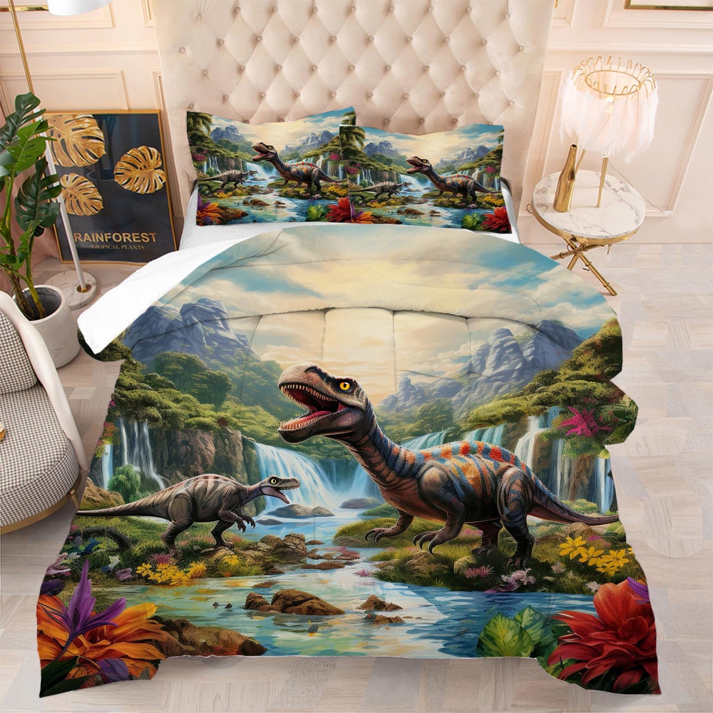 VTKON Kids Comforter Set Full Super Soft and Fluffy Microfiber Boys Kids Dinosaur Bedding Set Easy Care Cute Dinosaur Quilt Set with 1 Comforter and 2 Pillowcases