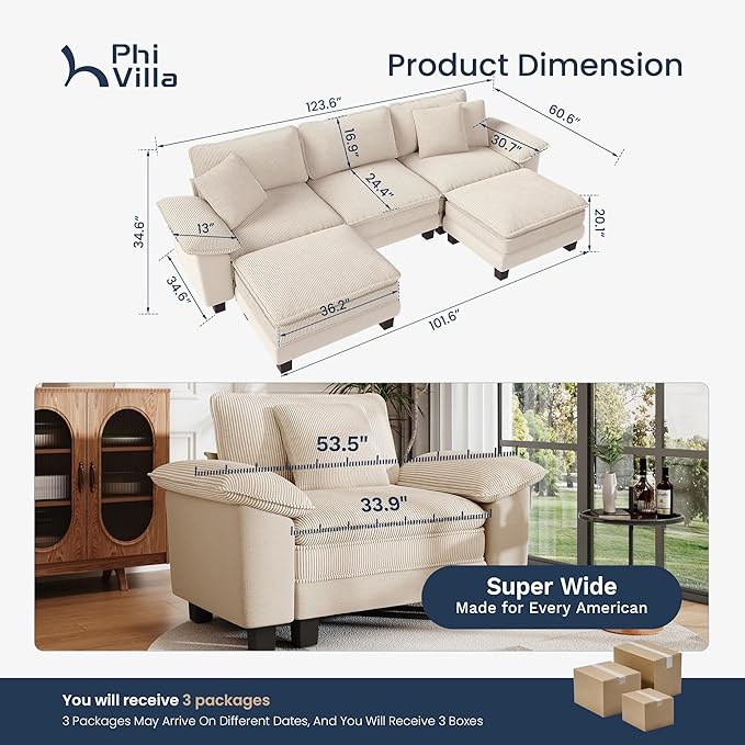 PHI VILLA Cloud Modular Couch Sets, 123.6" Sectional Sofa with U-Shaped Chaise Ottoman, 5-Seater Couches with Upholstered Deep Seat for Living Room, Chenille Corduroy Dual Fabric, Beige