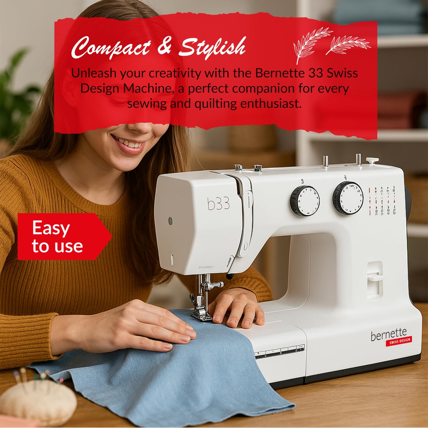 Bernette B33 Swiss Design Sewing Machine | Mechanical, Heavy-Duty, Portable, 15 Built-In Stitches, 5mm Stitch Width, Front-Loading Bobbin, Semi-Automatic Threader, Cutter,10 Bobbins