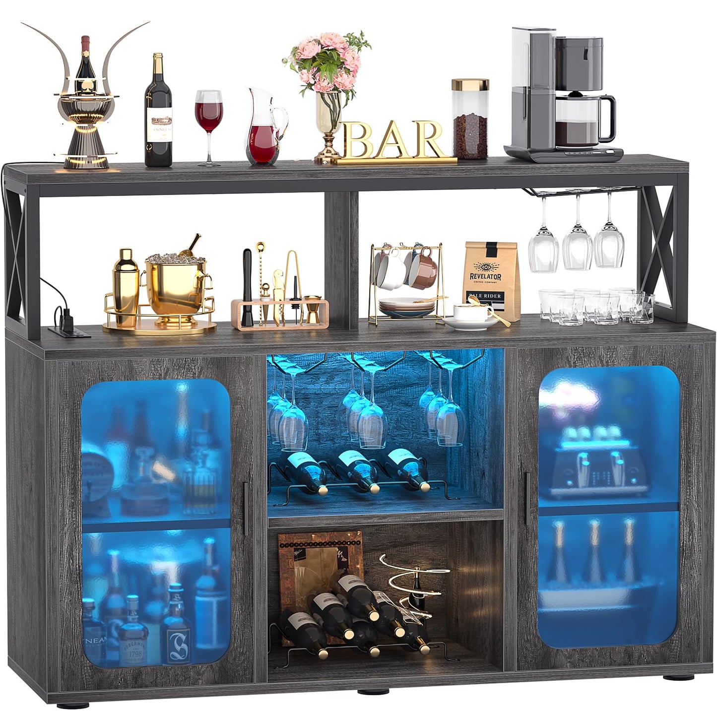 Aheaplus Bar Cabinet with Power Outlets, Liquor Cabinet with Led Lights and Glass Holder, Storage Buffet Cabinet Coffee Bar Cabinet for Liquor, Wine Cabinet with Racks for Home, Kitchen, Grey Oak
