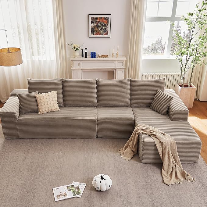135.4" Cloud Sectional Couch with L-Shape Chaise, Modern Corduroy Boneless Couch for Living Room,Memory Foam Sofa with Deep Seat,No Assembly Required (Camel,Right-Facing Chaise)