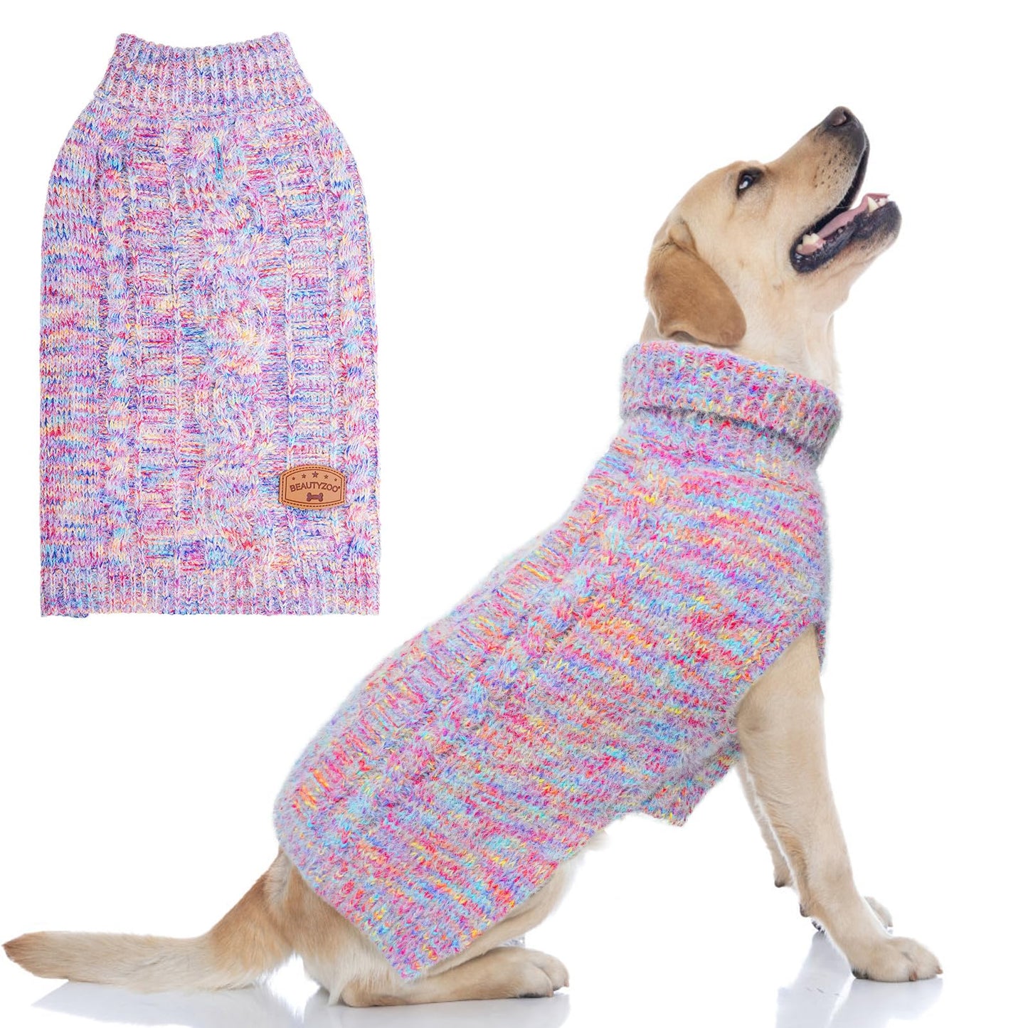 BEAUTYZOO Small Dog Sweater -Turtleneck Pullover Classic Cable Knit Fuzzy Winter Coat Dog Cold Weather Clothes for Small Medium Dogs Puppy Girl Boys(Rainbow Pink, M/L)