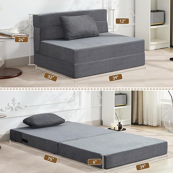 WUTUTUEE Folding Sofa Bed Convertible Floor Couch Foldable Chair Bed with Pillow，Linen Sleeper Chair Futon,Foldable Memory Foam Mattress for Bedroom/Living Room/Dorm/Office (Dark Grey, Standard)