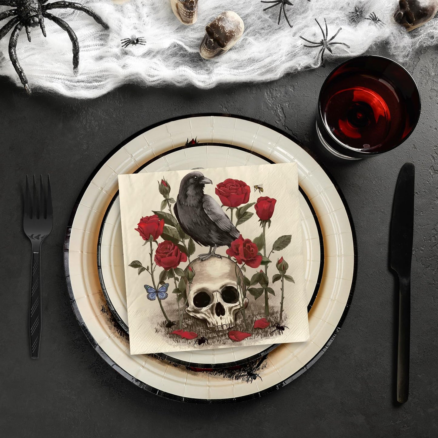 JarThenaAMCS Halloween Party Supplies Kit Serves 25 Skull Rose Paper Plates Napkins Plastic Forks for Birthday Party Tableware Supplies, 100Pcs