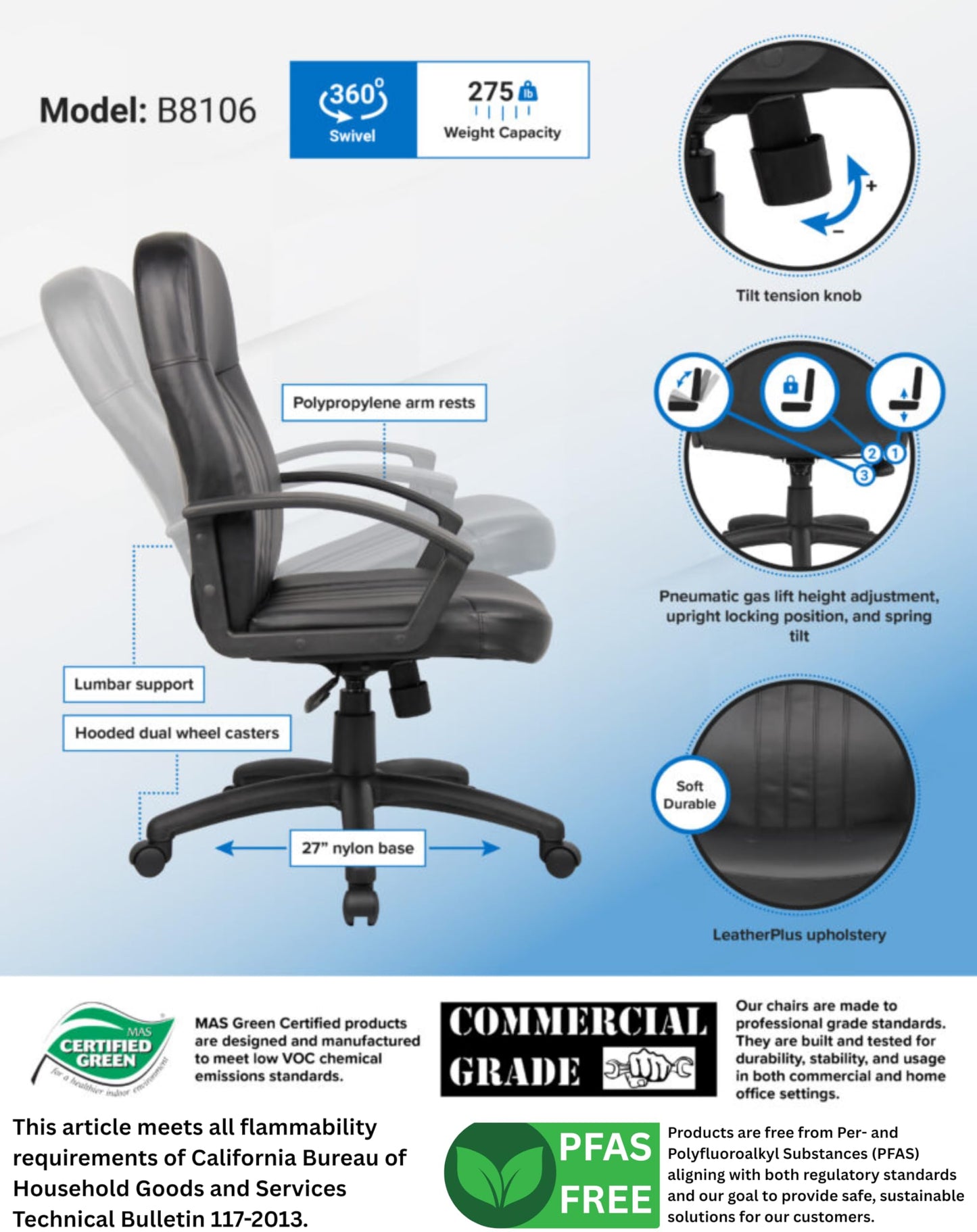 Boss Office Products B8106 Executive Leather Budged Chair in Black, Mid-Back