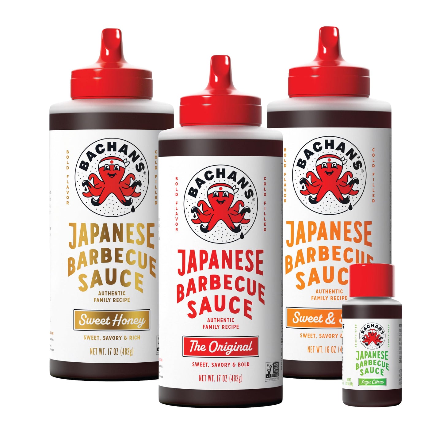 Bachan's Japanese Barbecue Sauce 4 Pack - 1 OG, 1 Sweet & Spicy, 1 Sweet Honey, 1 Yuzu Mini - BBQ Sauce for Wings, Chicken, Beef, Pork, Seafood, Noodles, and More. Non GMO, No Preservatives, BPA free