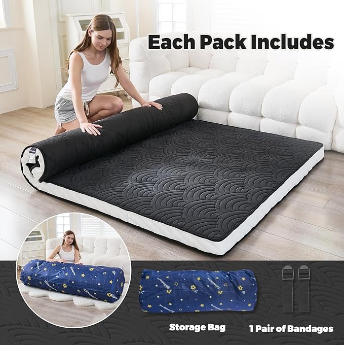 Zelladorra Japanese Floor Mattress, Quilted Futon Mattress with Anti-Slip Bottom, Foldable Floor Bed with Storage Bag and Straps, (Black, Full)