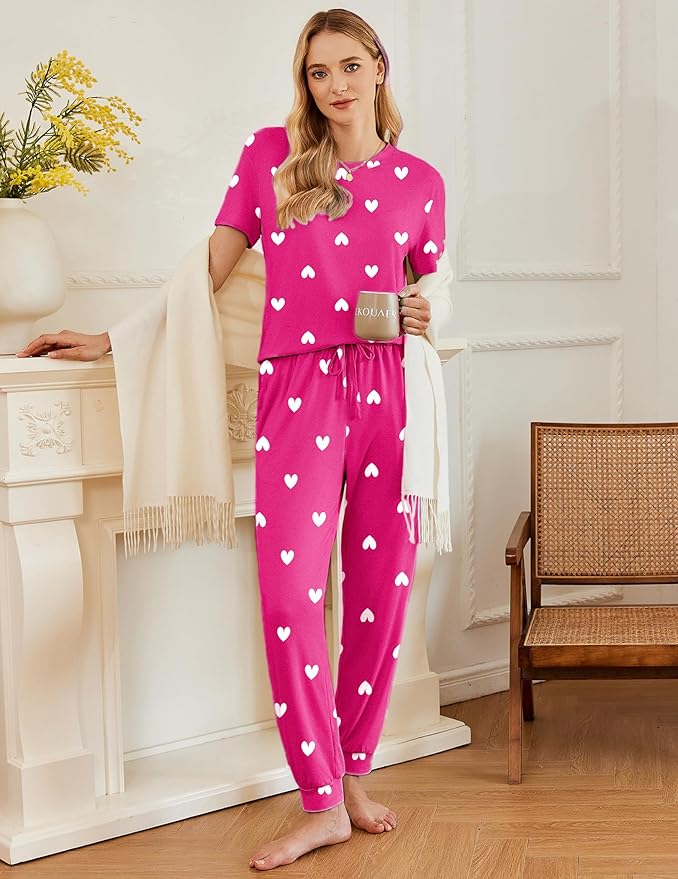 Ekouaer Pajamas for Women Set 2 Pack Lounge Set Short Sleeve Pjs Joggers Long Pants Loungepwear with Pockets