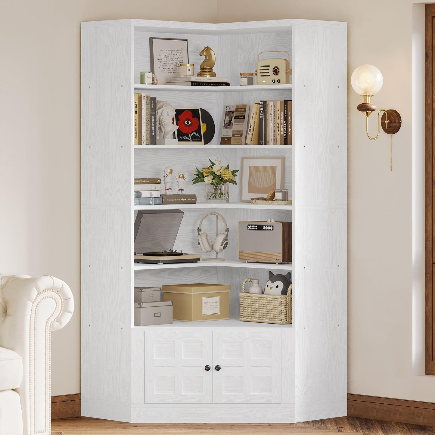 IRONCK 81" Corner Bookshelf with Door, 6 Tiers Large Bookshelves with Storage Rack, Tall Bookcase for Living Room Home Office, White