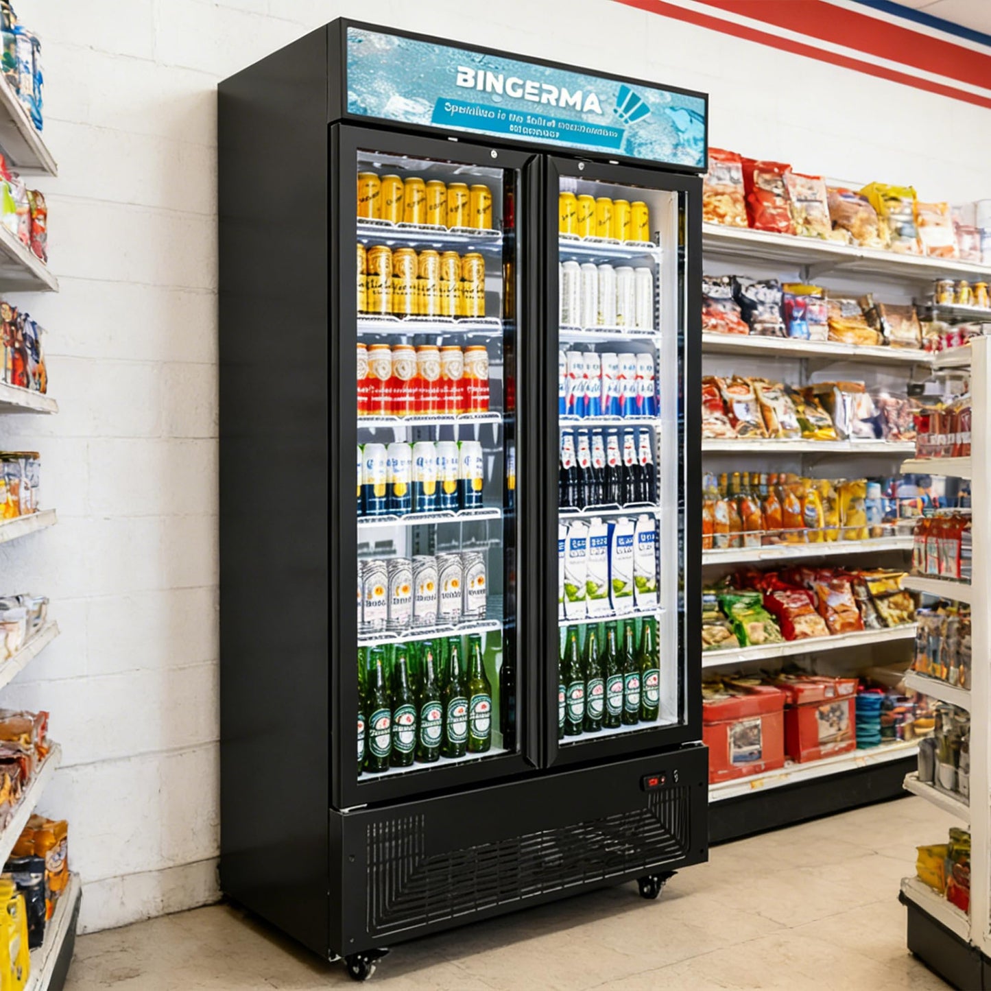 BINGERMA Commercial Merchandiser Display Refrigerator with 2 Glass Doors 30 Cu.ft Beverage Back Bar Cooler Black Drink Fridge for Convenience Stores, Supermarkets, Bars, Offices