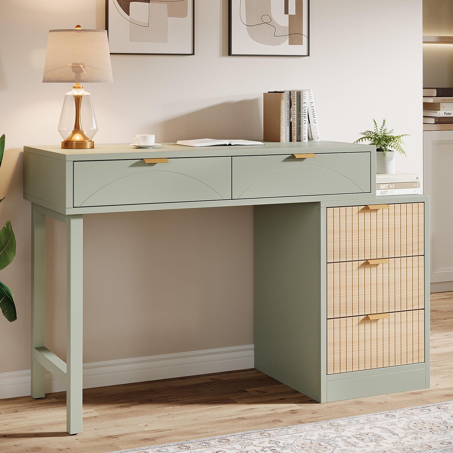Tribesigns Computer Desk with 5 Drawers, Reversible Small Modern Writing Desk with Storage, Wooden Study Table Office Workstation for Home Office, Small Spaces, Mint Green