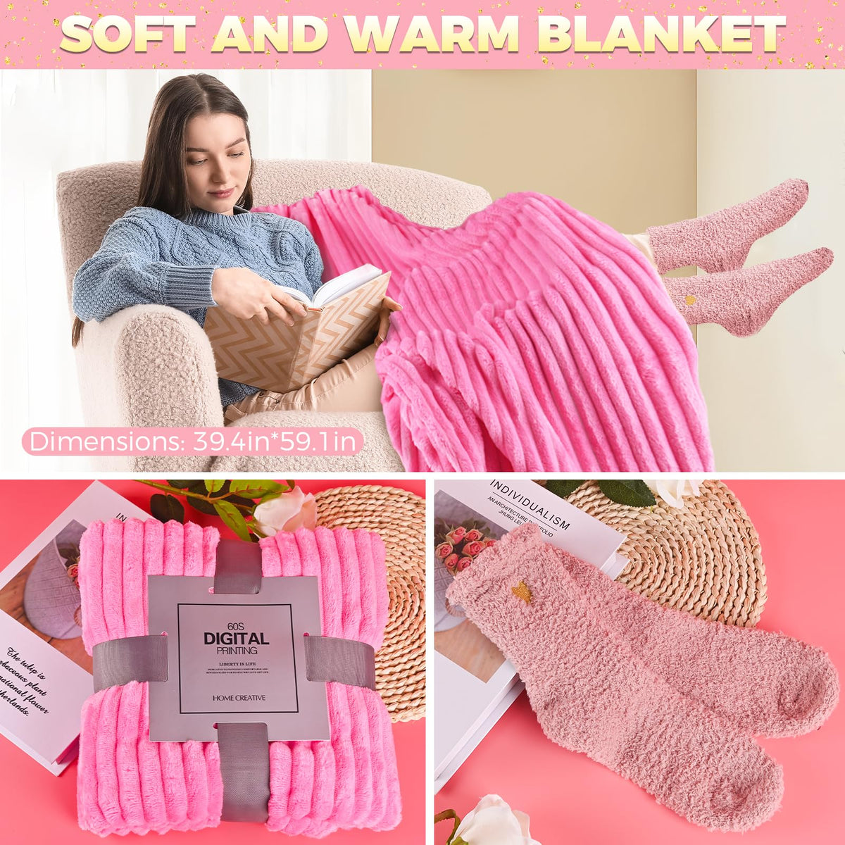 Self Care Gift Baskets for Women: Get Well Soon Care Packages with Blanket and Tumbler, Pink Gift Boxes Set for Girls, Mother, Sisters, Friends, and Cousins