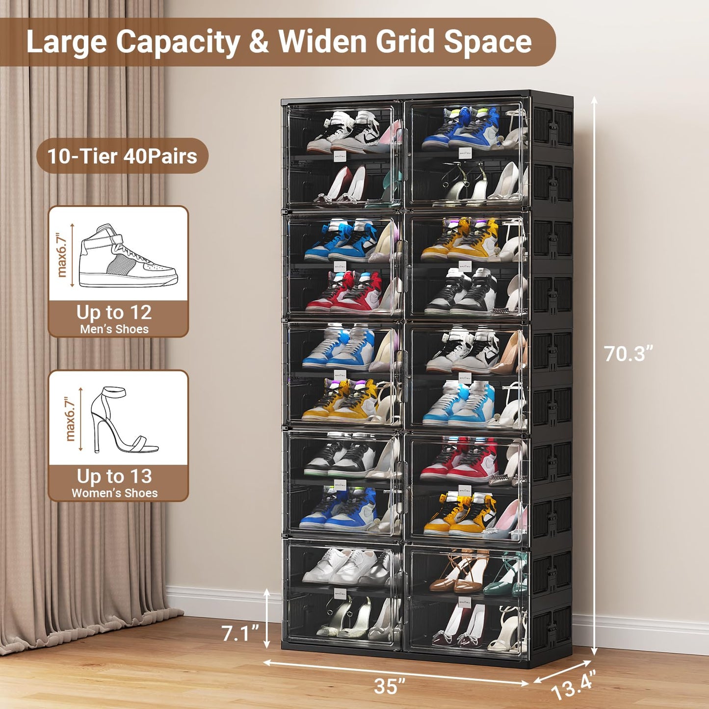 BROVIEW 10 Tiers 40 Pairs Large Plastic Shoe Storage Organizer Cabinet for Entryway, Hard Stackable Collapsible Shoe Box Organizer for Closet, Portable Folding Shoe Rack with Doors, Black S9
