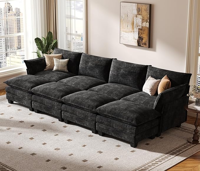 KKL 120" Huge Modular Sectional Sofa Bed, 8 Seater Convertible J/L/U-Shaped Sleeper Cloud Couch with Ottoman, Chenille Sectional Couches for Living Room, Apartment, Black