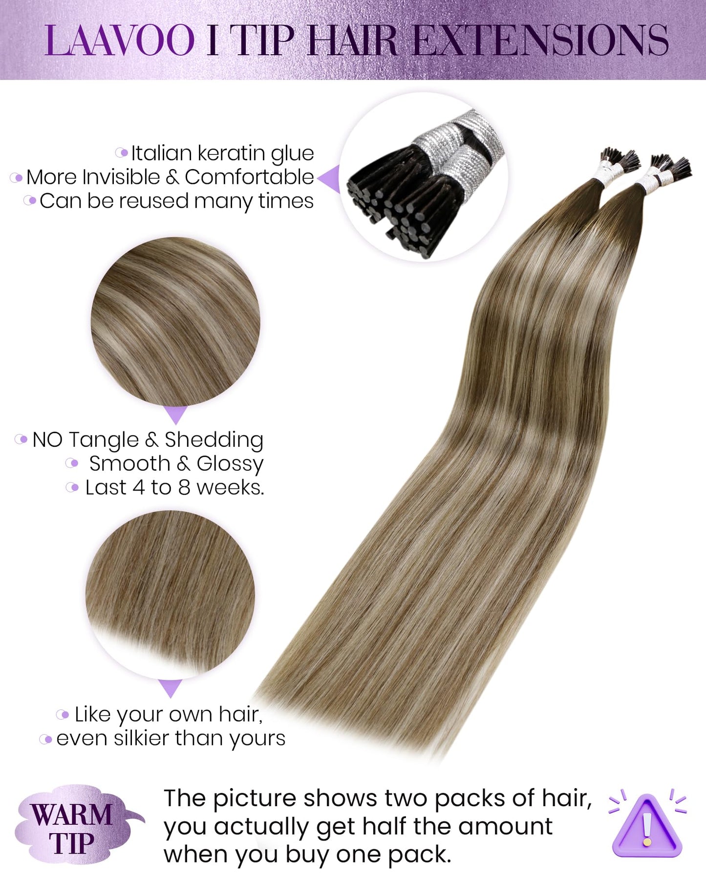 LaaVoo Itip Human Hair Extensions Ombre I Tip Hair Extensions Human Hair Balayage Brown to Medium Brown with Blonde Remy Hair It