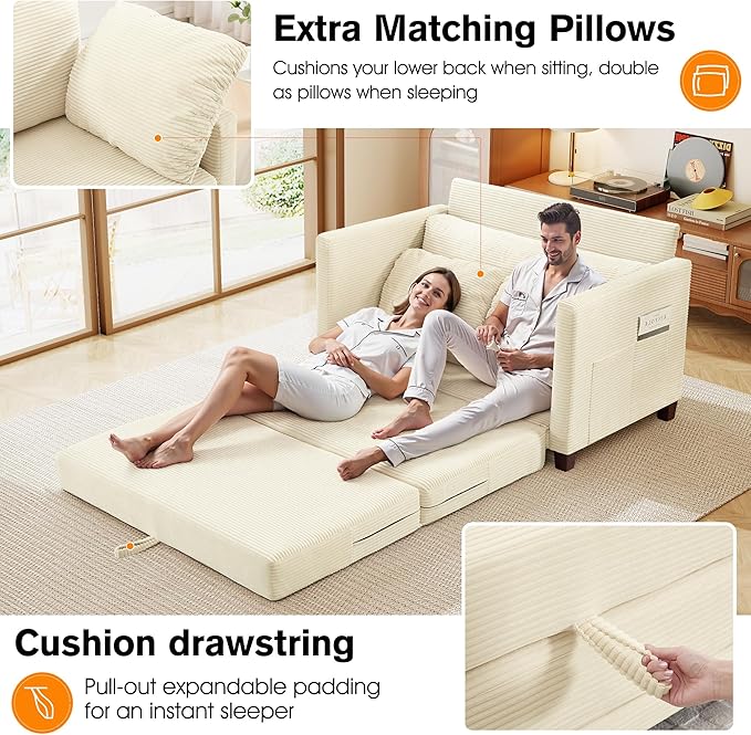 kakuboohi 51" Loveseat Sleeper Sofa Bed, Corduroy Convertible Floor Sofa Bed for Small Spaces, Folding Couch Bed with Deep Seat, 2 Pillows & Solid Frame, Pull Out Floor Couch for Living Room, Beige