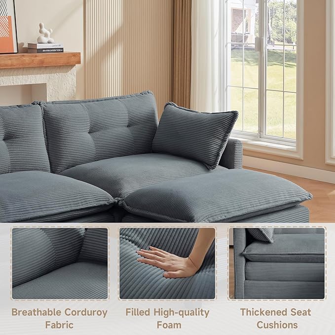 Amsleekey Modular Sectional Sofa, 111.5" U-Shaped Corduroy Comfy Sectional Couches for Living Room, 3-Seater Cloud Couches with 2 Movable Ottomans, Flexible Combination Modern Deep Seat Sofa (Grey)