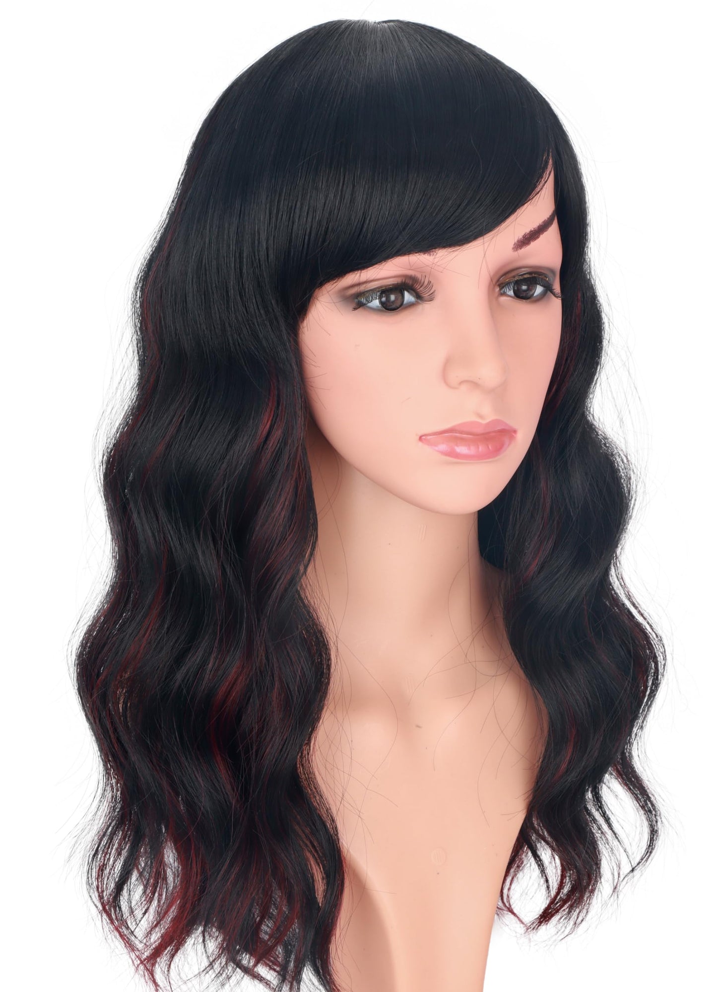 SYMEIW Burdundy-Black Hair Wavy Wigs With Bangs For Women Synthetic Black Hair With Red Undertones Wigs For Daily Use Everyday W