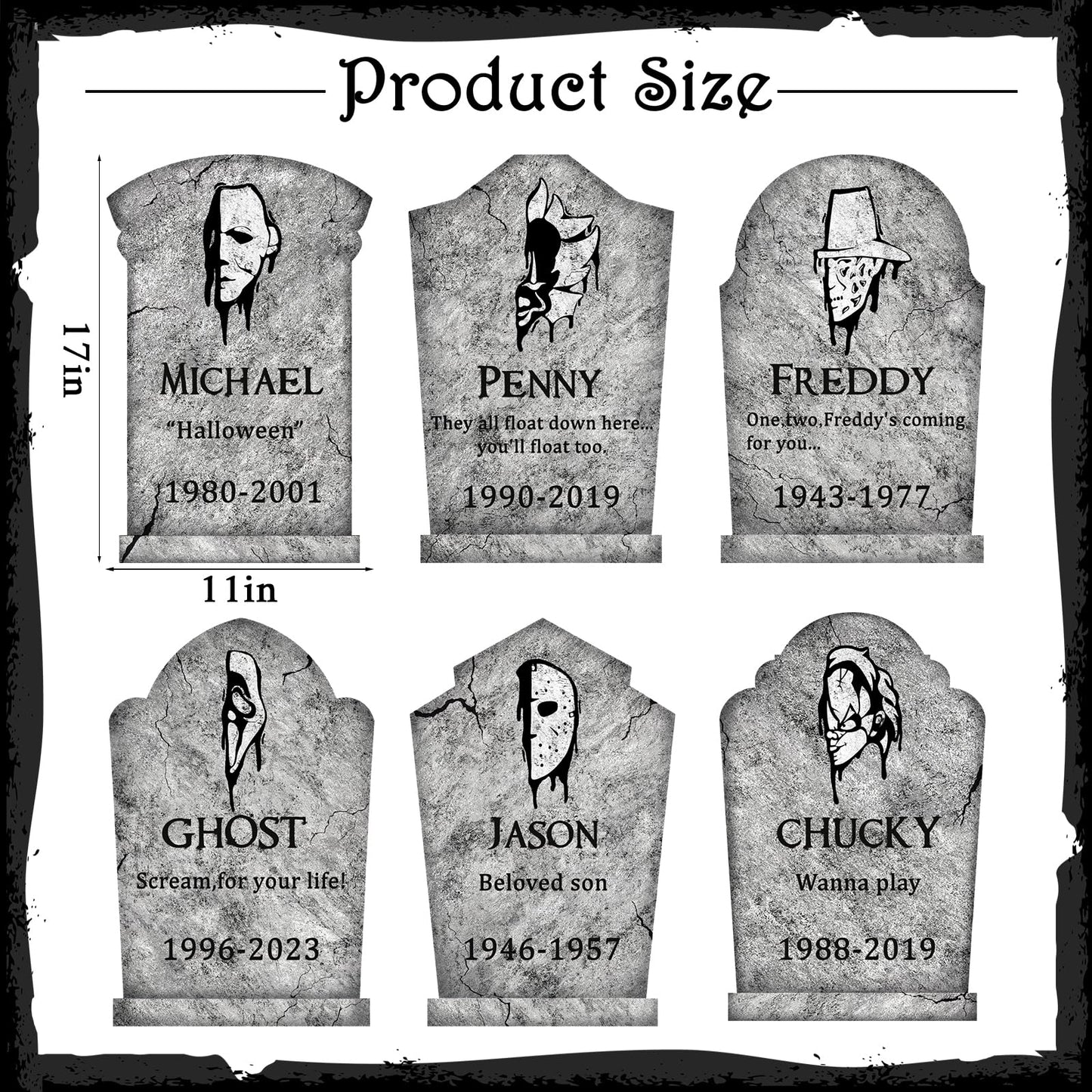 Halloween Decorations Outdoor Graveyard Tombstones: 6ct Large Tombstone Halloween Decor Yard Signs with Stake, 17" Tall Scary Gravestones with Half Killer Face, Waterproof Lawn Decor Outside, Not Foam