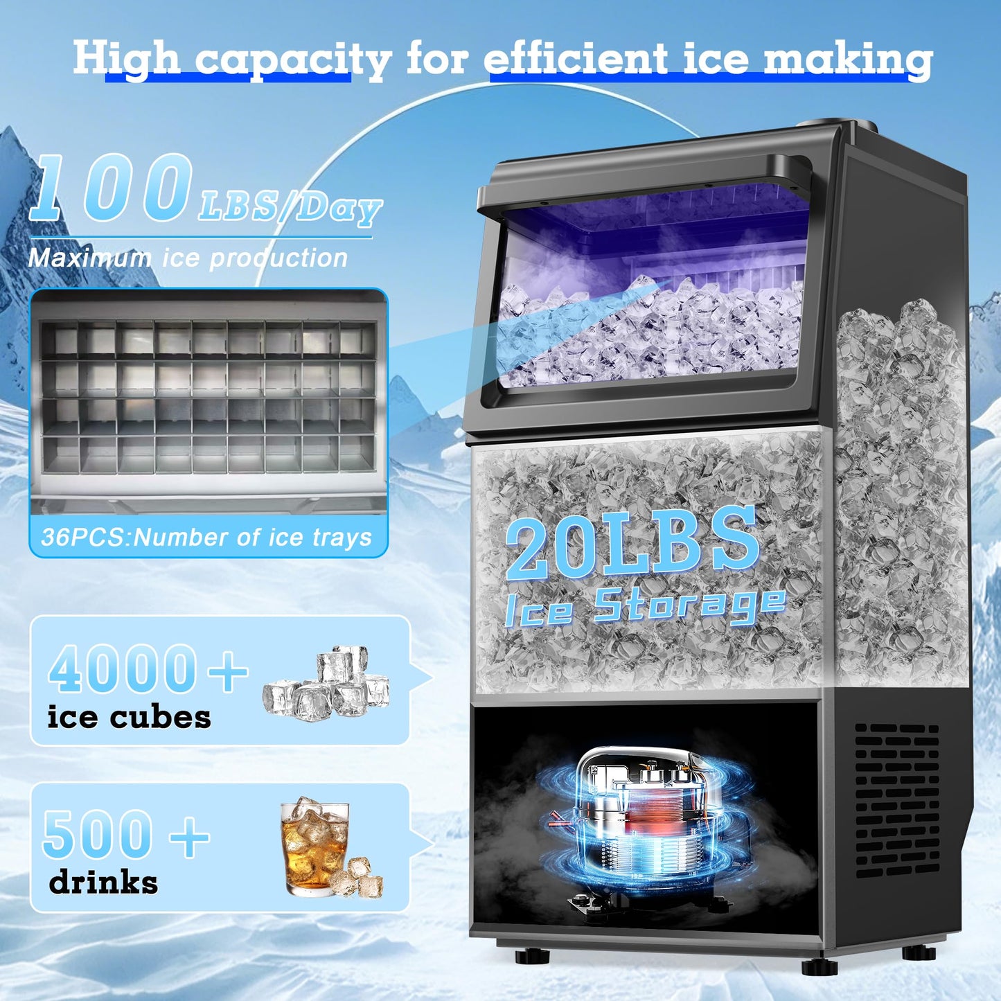 Ice Maker Commercial Ice Maker Machine 100LBS/24H with 20LBS Storage, Stainless Steel Under Counter Ice Maker 36Ice/Cycle with 2 Water Inlet Modes,Self-Cleaning for Homes,Bars,Restaurants