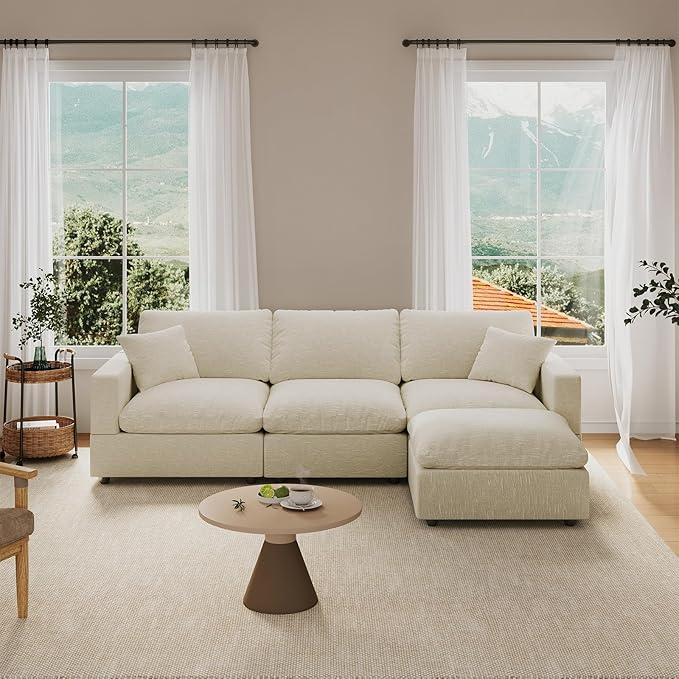 Cloud Couches for Living Room, 95.4" 3-Seater with Ottoman L Shaped Modular Sectional Sofa, Convertible Cloud Sofa with Ottoman, Down Filled Wide & Deep Seat, Removable Washable Cushion Covers