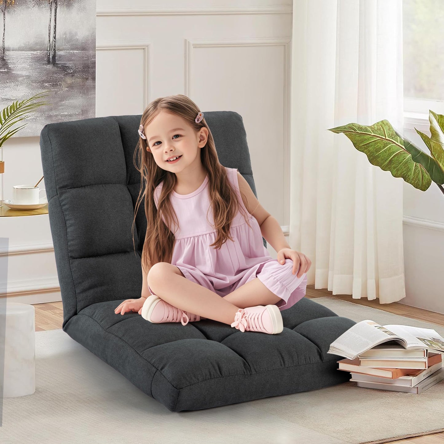 HOMYEDAMIC Floor Chair with Back Support with 6 Adjustable Position, Recliner, Folding Gaming, Meditation Chair for Adults (Grey)