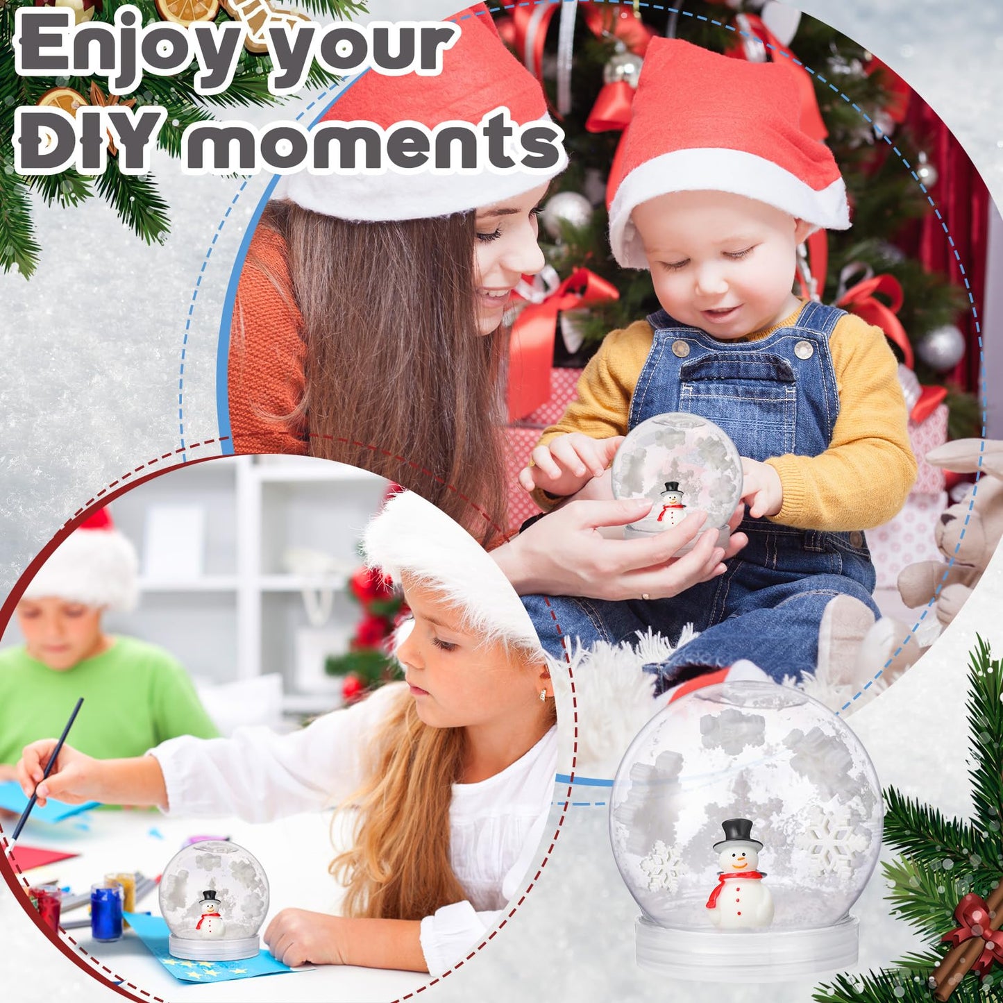 Cinnvoice 75 Pcs Winter Christmas Plastic Snow Globes Kit Includes 12 Snow Globe 12 Mini Snowman Figurines 50 Mini Resin Snowflakes and Artificial Snow for Xmas DIY Crafts Make Your Own Snow Globe