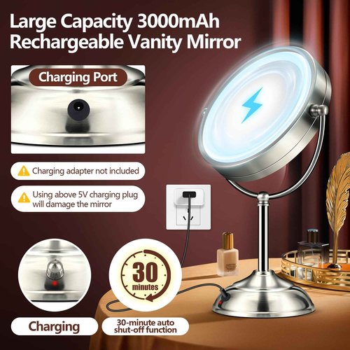 20x Large Lighted Makeup Mirror, Rechargeable 9" Magnifying Makeup Mirror, 30-Minute Timer,3 Color Modes, Adjustable Brightness, No Assembly Required, 360° Rotation Cosmetic Mirror, Pearl Nickel