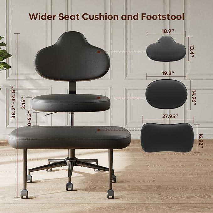 Cross Legged Office Chair with Wheels for ADHD, Ergonomic 360° Swivel Height-Adjustable Meditation Chair for Yoga, Kneeling Chair with 4 inch seat Cushion and Lumbar Support, PU Leather, Black