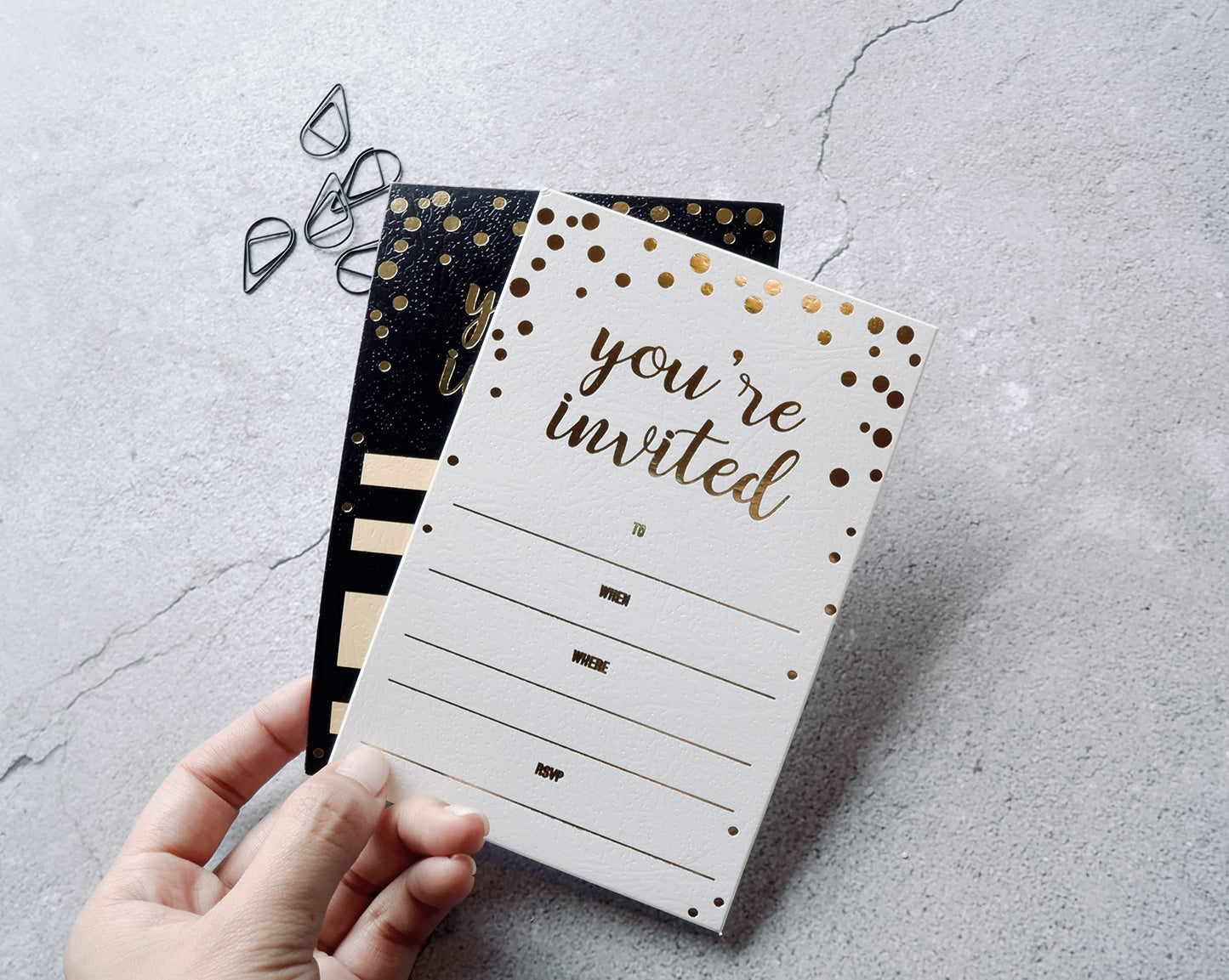 Invitation Cards - 50-Count 4" x 6" Black Invitation Cards ‘’You Are Invited’’ in Gold Foil with 52 Gold Confetti Foil Kraft Envelopes – Invitation Cards For Wedding, Bridal Shower, Baby Shower, Birthday