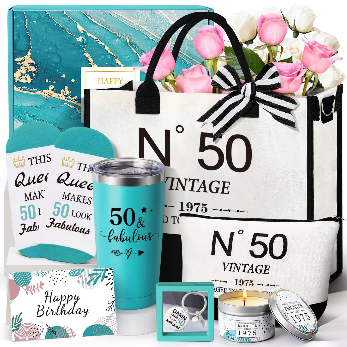 50th Birthday Gifts for Women，Gift Set for Women 1975 Canvas Tote Bag 50th Birthday Gift for Her Unique Gifts Basket for Her Turning 50 Mom Wife Sister Friend