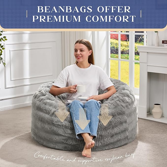 Hobestluk Bean Bag Chairs Beanbag Chair with Filler Adult Bean Bags with Fluffy Ripple Cover, Giant Bean Bag Chairs for Adults (Grey, 3FT - 36" x 36" x 22")