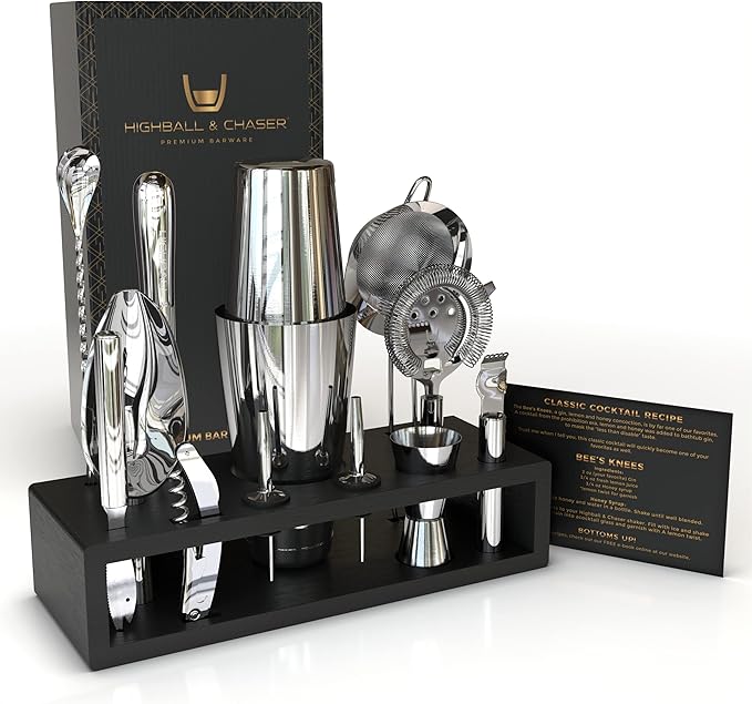 Highball & Chaser 13-Piece Boston Cocktail Shaker Set Stainless Steel Mixology Bartender Kit With Stand For Home Bar Cockt...