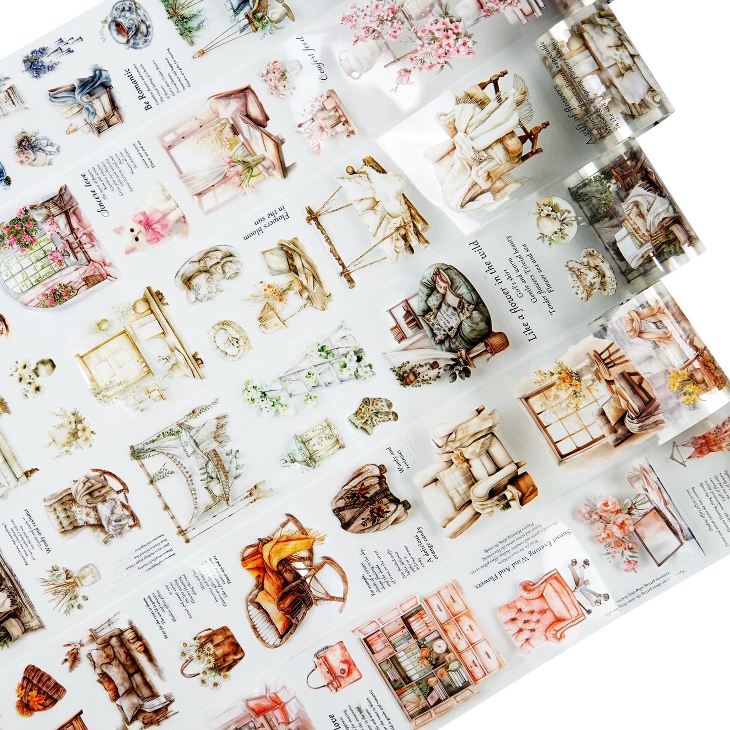 Cozy Home-Themed PET Tape Set, 6 Rolls Pre-Cut Scrapbook Stickers for Journal Supplies, Planner, DIY Crafts, and Gift Wrapping