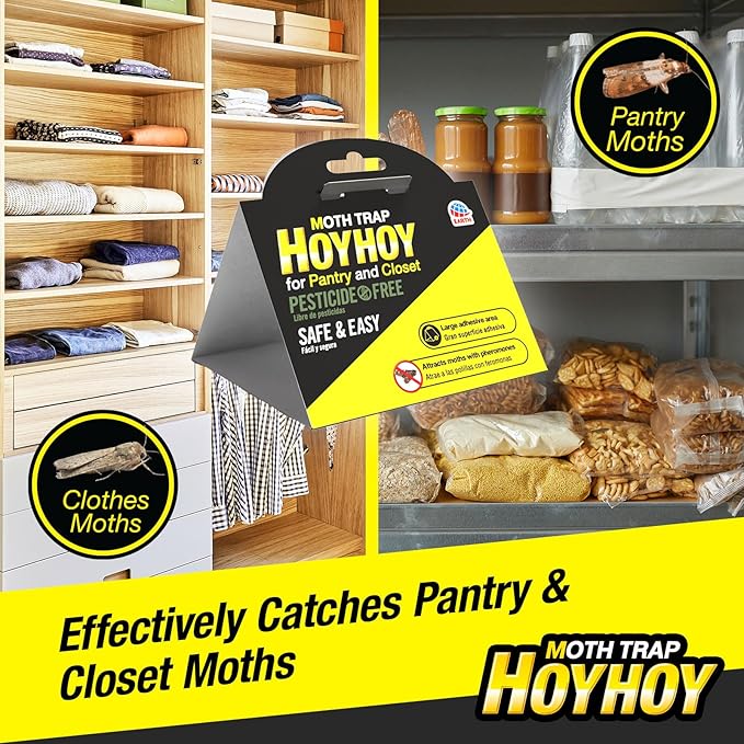 HOY HOY Pheromone-Infused Glue Traps – 4 Traps (2 Packs), Effective for Pantry & Closet Moths, Dual Hanging/Placement Options, Lasts Up to 3 Months