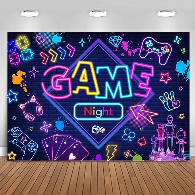 Mocsicka Game Night Backdrop Banner Glow Gaming Birthday Party Decorations for Adults Kids 7x5ft Chess Board Video Game On...