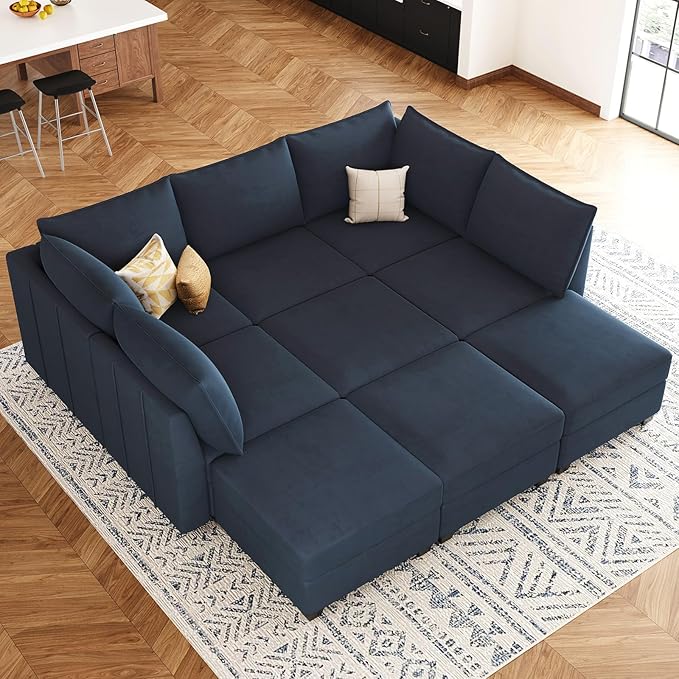 Belffin Modular Sectional Sofa Bed with Storage, 9-Seater Velvet Reversible Sleeper Couch for Living Room, Blue