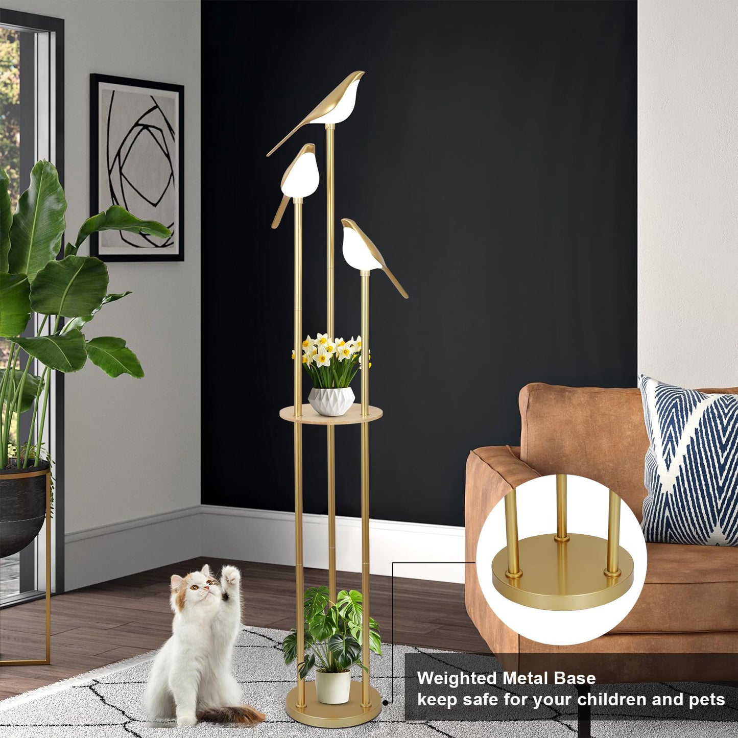 Gold Floor Lamp for Living Room With Shelves - Modern Mid Century Standing Light With 3 Adjustable LED Bird Lights, Corner Tall Lamp With Table, Brass Stand for Bedroom Kids Room