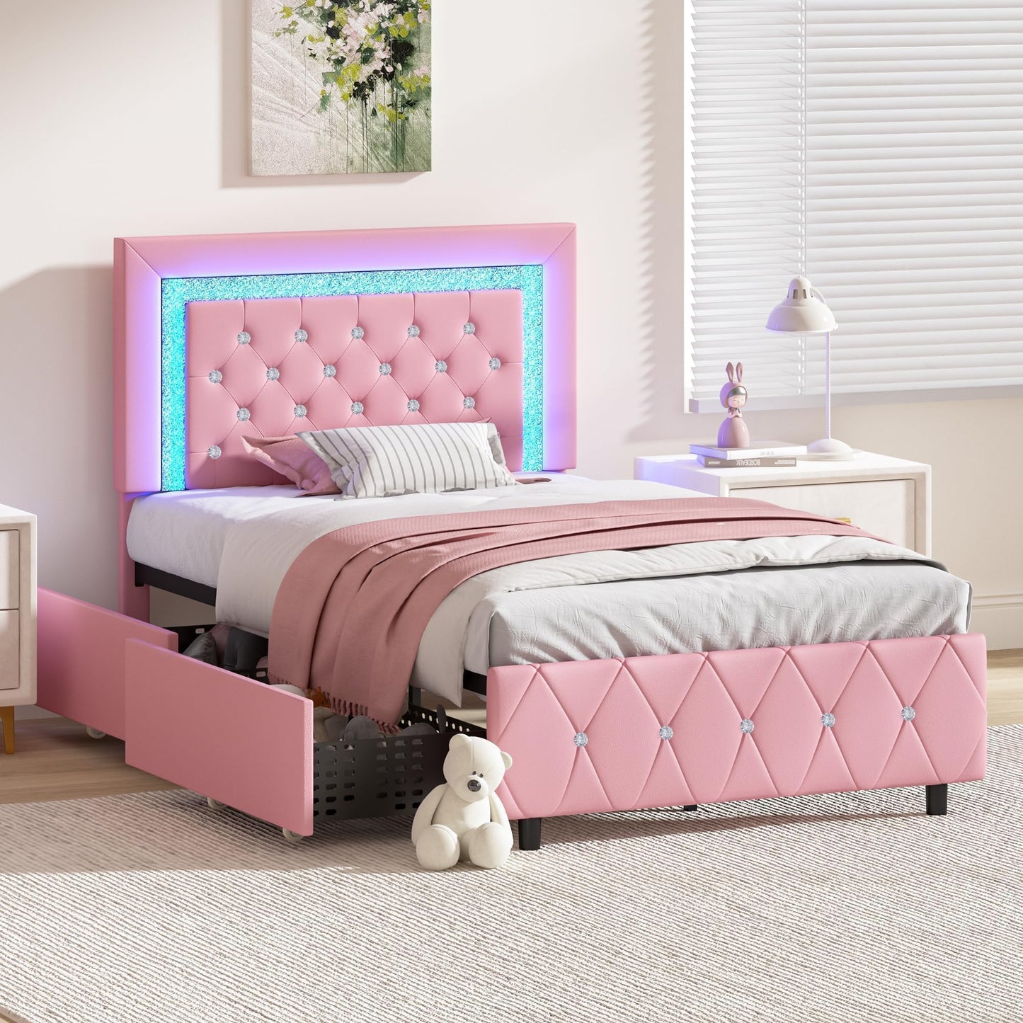 Twin Bed Frames with LED Lights and Storage Drawers, Upholstered Platform Bed with Diamond Headboard, Faux Leather Princess Platform Bed, No Box Spring Needed, Easy Assembly, Pink